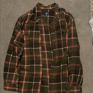 George’s Men's Plaid Flannel Shirt Jacket - Green, Brown, and Red, Size XL